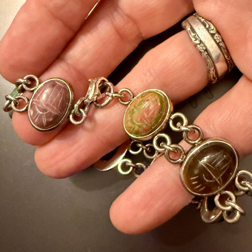Vintage Gemstone Sterling Silver Egyptian Scarab Bracelet - Picture 5 of 9